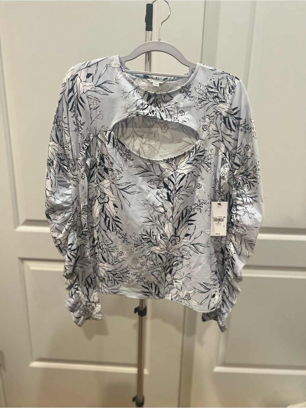 Guess Light Blue Floral Cutout Long-Sleeve Top